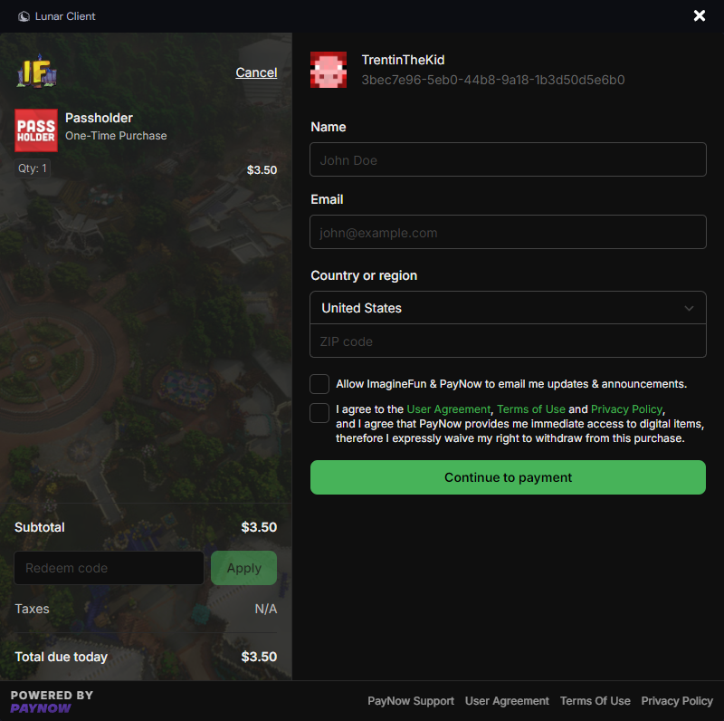 PayNow Window Example